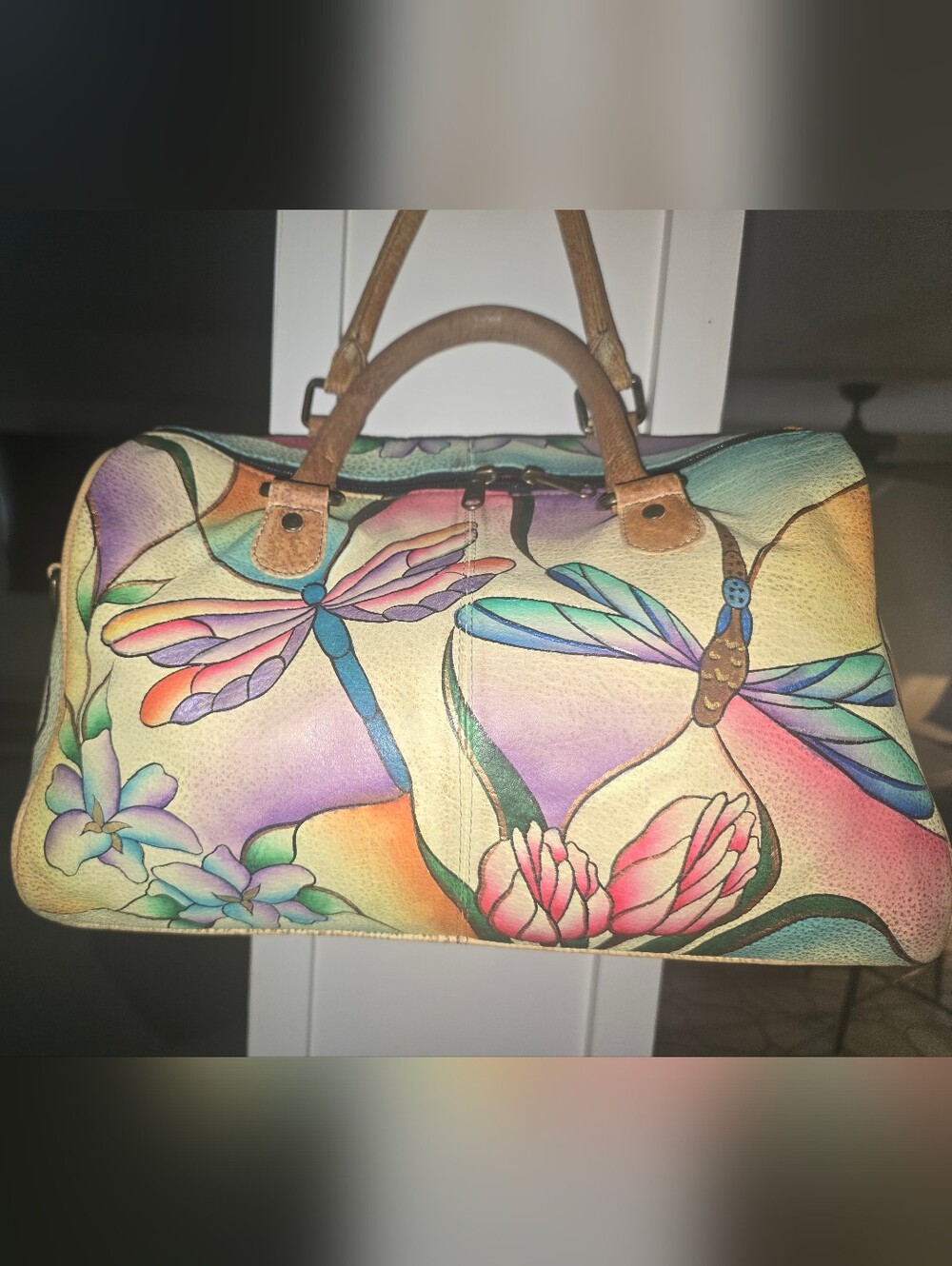 🌸 Anuschka Hand Painted Leather Satchel Bag Dragonfly Floral Rare Early Design